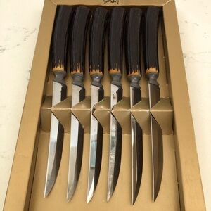 Robinson Steak Knife Set (6) in Original Box VTG-Hollow Antler Style Handles